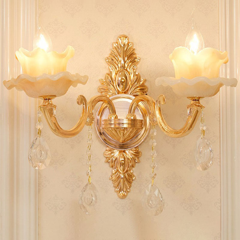 Glass Flower Wall Mount Light Modernist Gold Wall Lamp Sconce with Crystal Droplet 2.0 Gold D Clearhalo 'Cast Iron' 'Glass' 'Industrial' 'Modern wall lights' 'Modern' 'Tiffany' 'Traditional wall lights' 'Wall Lamps & Sconces' 'Wall Lights' Lighting' 2030790