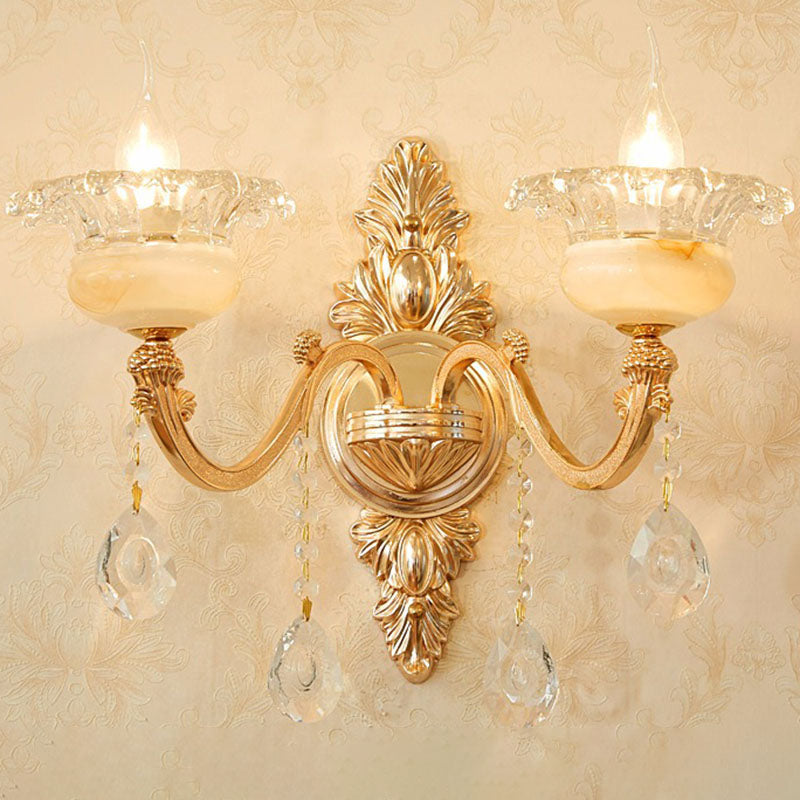 Glass Flower Wall Mount Light Modernist Gold Wall Lamp Sconce with Crystal Droplet 2.0 Gold C Clearhalo 'Cast Iron' 'Glass' 'Industrial' 'Modern wall lights' 'Modern' 'Tiffany' 'Traditional wall lights' 'Wall Lamps & Sconces' 'Wall Lights' Lighting' 2030791