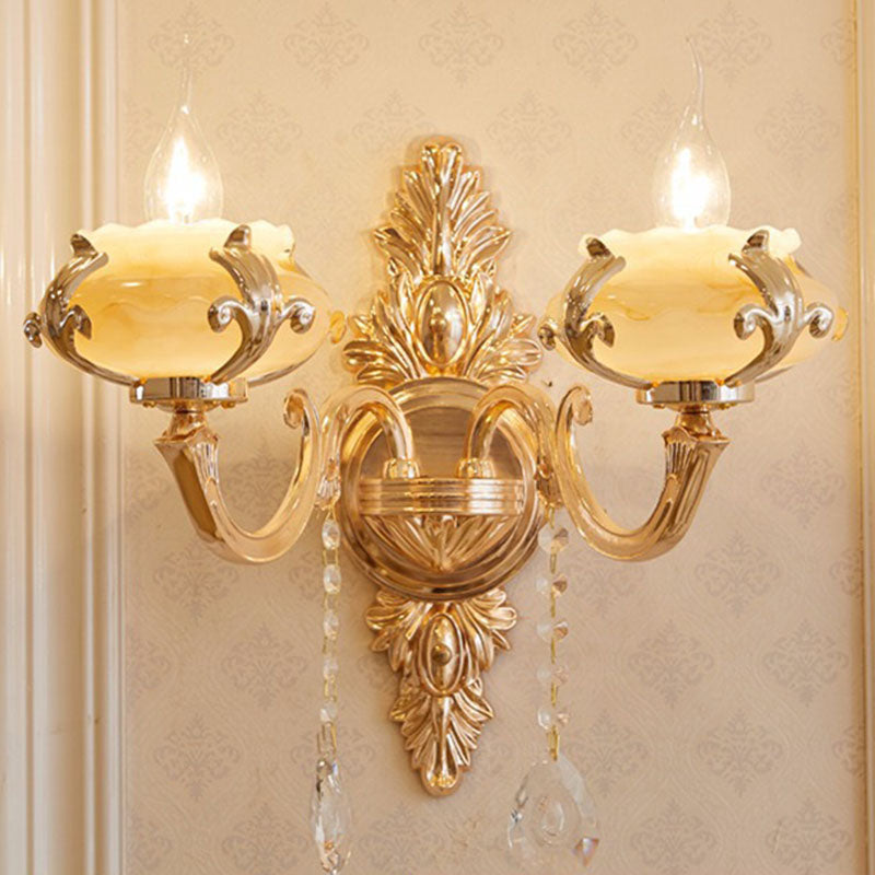 Glass Flower Wall Mount Light Modernist Gold Wall Lamp Sconce with Crystal Droplet 2.0 Gold B Clearhalo 'Cast Iron' 'Glass' 'Industrial' 'Modern wall lights' 'Modern' 'Tiffany' 'Traditional wall lights' 'Wall Lamps & Sconces' 'Wall Lights' Lighting' 2030792