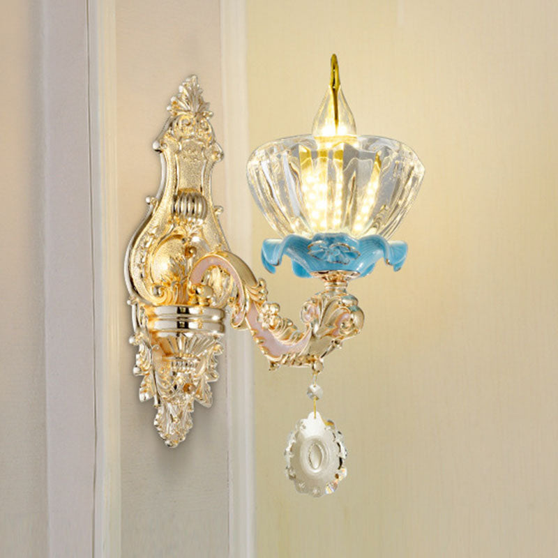 Glass Flower Wall Mount Light Modernist Gold Wall Lamp Sconce with Crystal Droplet 1.0 Gold I Clearhalo 'Cast Iron' 'Glass' 'Industrial' 'Modern wall lights' 'Modern' 'Tiffany' 'Traditional wall lights' 'Wall Lamps & Sconces' 'Wall Lights' Lighting' 2030795