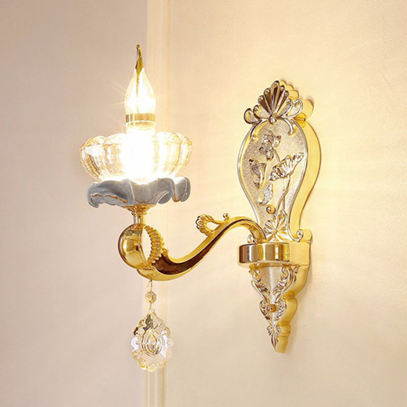 Glass Flower Wall Mount Light Modernist Gold Wall Lamp Sconce with Crystal Droplet 1.0 Gold H Clearhalo 'Cast Iron' 'Glass' 'Industrial' 'Modern wall lights' 'Modern' 'Tiffany' 'Traditional wall lights' 'Wall Lamps & Sconces' 'Wall Lights' Lighting' 2030796