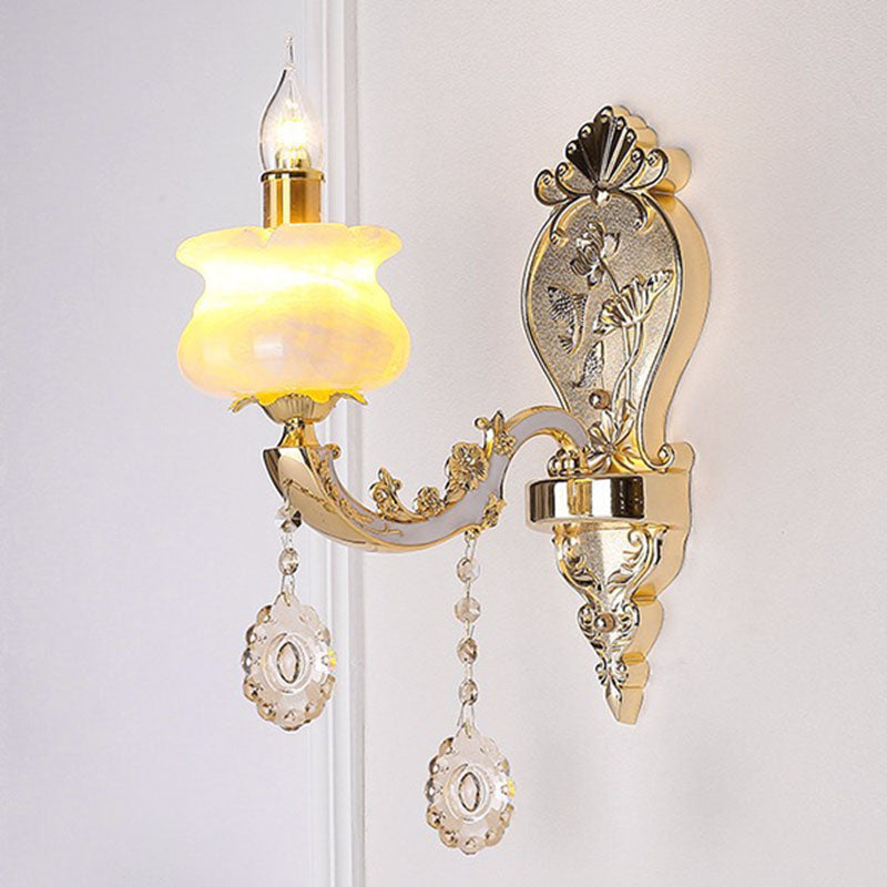 Glass Flower Wall Mount Light Modernist Gold Wall Lamp Sconce with Crystal Droplet 1.0 Gold G Clearhalo 'Cast Iron' 'Glass' 'Industrial' 'Modern wall lights' 'Modern' 'Tiffany' 'Traditional wall lights' 'Wall Lamps & Sconces' 'Wall Lights' Lighting' 2030797