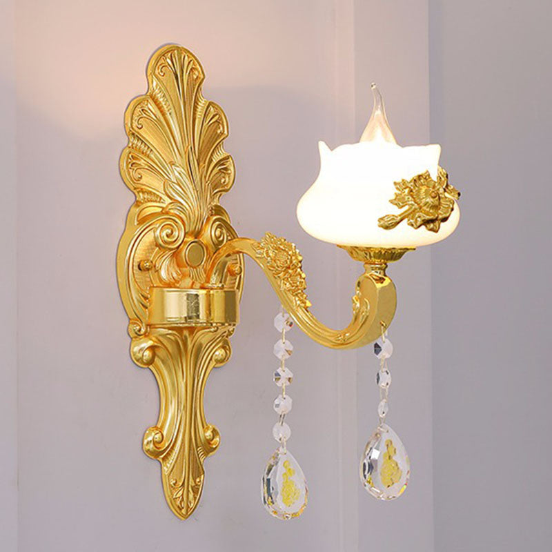 Glass Flower Wall Mount Light Modernist Gold Wall Lamp Sconce with Crystal Droplet 1.0 Gold F Clearhalo 'Cast Iron' 'Glass' 'Industrial' 'Modern wall lights' 'Modern' 'Tiffany' 'Traditional wall lights' 'Wall Lamps & Sconces' 'Wall Lights' Lighting' 2030798