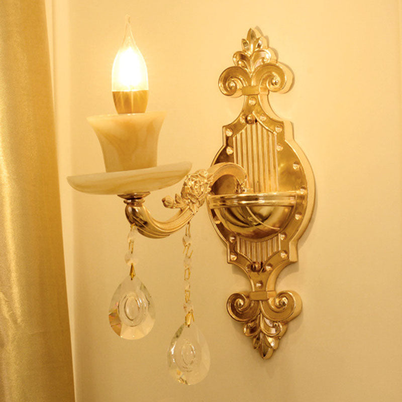 Glass Flower Wall Mount Light Modernist Gold Wall Lamp Sconce with Crystal Droplet 1.0 Gold E Clearhalo 'Cast Iron' 'Glass' 'Industrial' 'Modern wall lights' 'Modern' 'Tiffany' 'Traditional wall lights' 'Wall Lamps & Sconces' 'Wall Lights' Lighting' 2030799