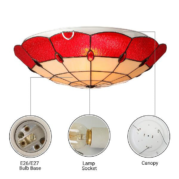 Bedroom Ceiling Light Tiffany Style 12"/16"/19.5" W Dome Shade Flush Mount Light with Jewel Decoration in Red Clearhalo 'Ceiling Lights' 'Close To Ceiling Lights' 'Close to ceiling' 'Flush mount' Lighting' 20308