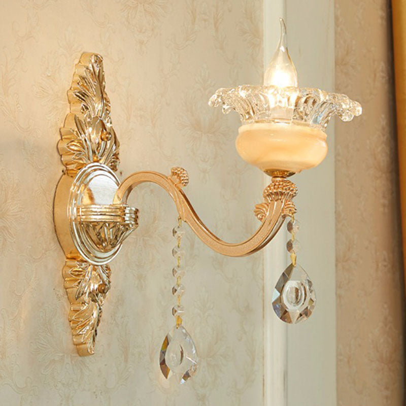 Glass Flower Wall Mount Light Modernist Gold Wall Lamp Sconce with Crystal Droplet 1.0 Gold C Clearhalo 'Cast Iron' 'Glass' 'Industrial' 'Modern wall lights' 'Modern' 'Tiffany' 'Traditional wall lights' 'Wall Lamps & Sconces' 'Wall Lights' Lighting' 2030801