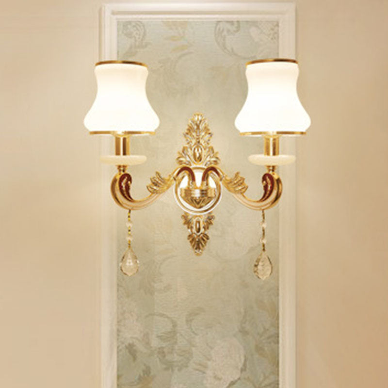 Swooping Arm Wall Sconce Modernist Living Room Wall Mount Light Fixture with Glass Shade in Gold 2.0 Gold B Clearhalo 'Cast Iron' 'Glass' 'Industrial' 'Modern wall lights' 'Modern' 'Tiffany' 'Traditional wall lights' 'Wall Lamps & Sconces' 'Wall Lights' Lighting' 2030817