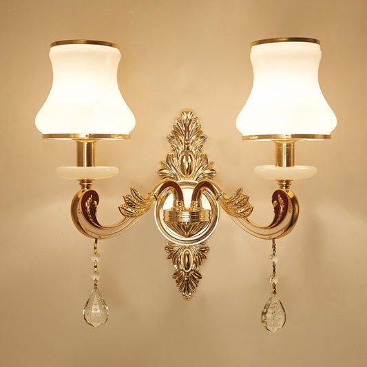 Swooping Arm Wall Sconce Modernist Living Room Wall Mount Light Fixture with Glass Shade in Gold Clearhalo 'Cast Iron' 'Glass' 'Industrial' 'Modern wall lights' 'Modern' 'Tiffany' 'Traditional wall lights' 'Wall Lamps & Sconces' 'Wall Lights' Lighting' 2030818