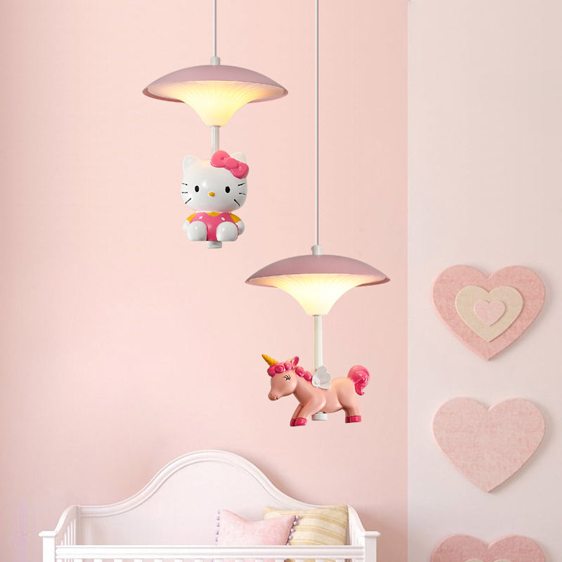 Pink Mushroom Ceiling Lamp Kid LED Metal Hanging Light Fixture with Cartoon Figurine for Bedroom Clearhalo 'Ceiling Lights' 'Pendant Lights' 'Pendants' Lighting' 2030852