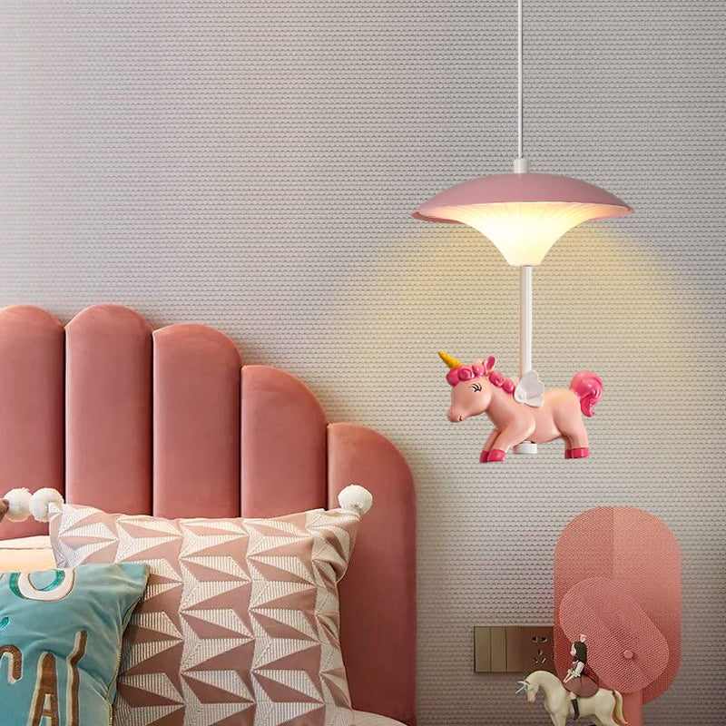 Pink Mushroom Ceiling Lamp Kid LED Metal Hanging Light Fixture with Cartoon Figurine for Bedroom Clearhalo 'Ceiling Lights' 'Pendant Lights' 'Pendants' Lighting' 2030855