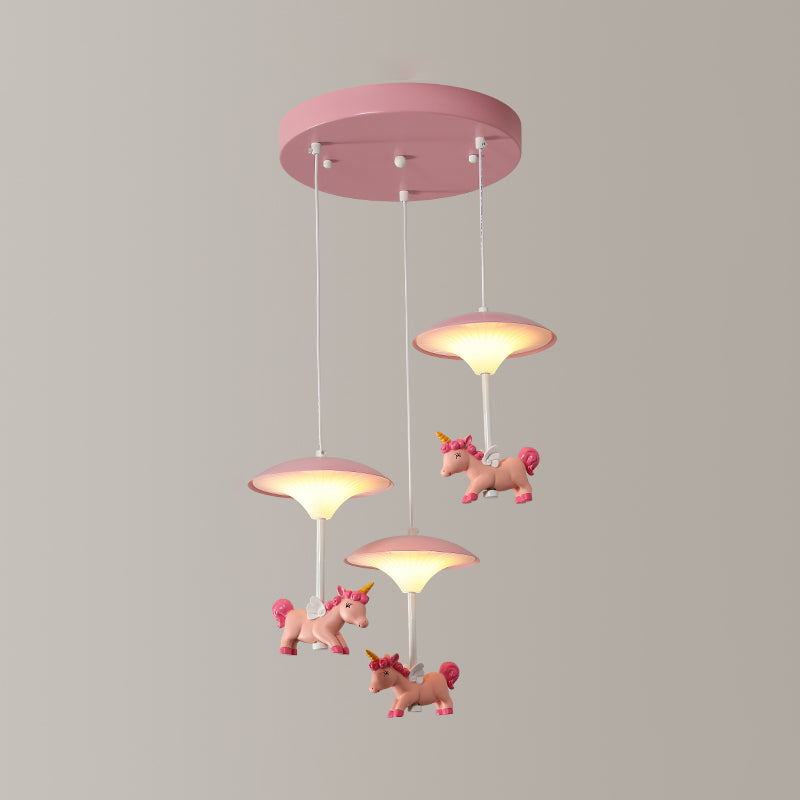 Pink Mushroom Ceiling Lamp Kid LED Metal Hanging Light Fixture with Cartoon Figurine for Bedroom 3 Pink A Clearhalo 'Ceiling Lights' 'Pendant Lights' 'Pendants' Lighting' 2030860_ef7f6471-5acd-4760-9f82-2870393a9ee5