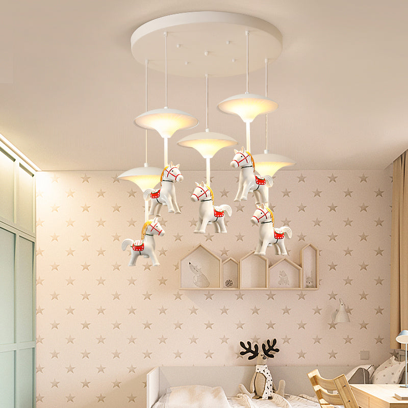 Cartoon LED Ceiling Pendant White Horse Multiple Hanging Light with Metal Shade for Bedroom 5 White Clearhalo 'Ceiling Lights' 'Pendant Lights' 'Pendants' Lighting' 2030861_988a2bbf-67ac-470c-9119-df4f33278cca