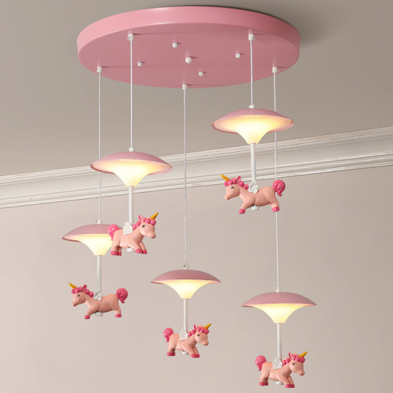 Mushroom Shade Bedroom Multi Pendant Metal LED Kid Ceiling Pendant with Unicorn Deco, Pink Clearhalo 'Ceiling Lights' 'Pendant Lights' 'Pendants' Lighting' 2030870