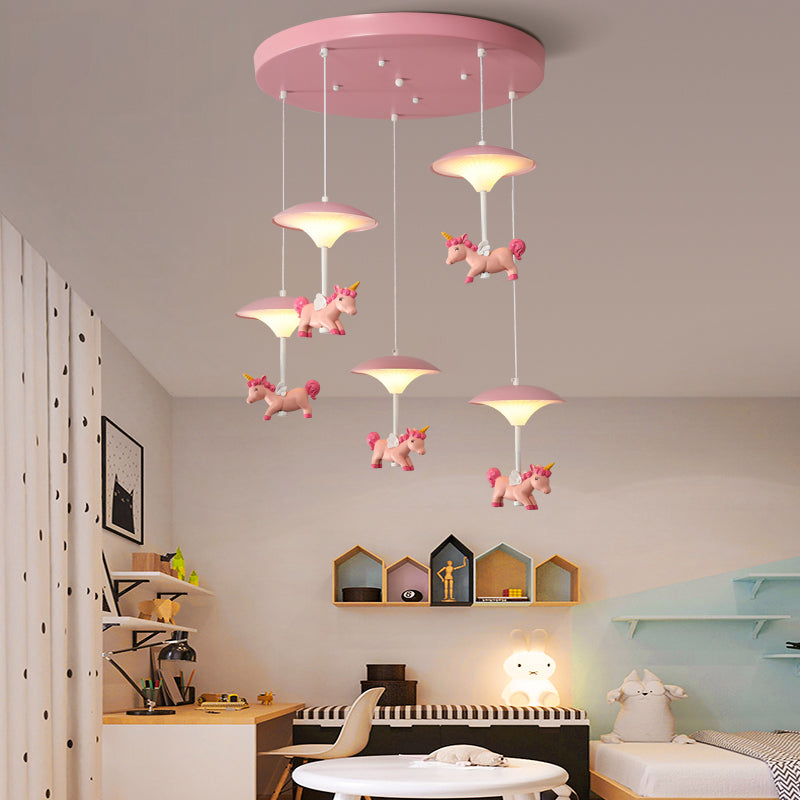 Mushroom Shade Bedroom Multi Pendant Metal LED Kid Ceiling Pendant with Unicorn Deco, Pink Clearhalo 'Ceiling Lights' 'Pendant Lights' 'Pendants' Lighting' 2030871