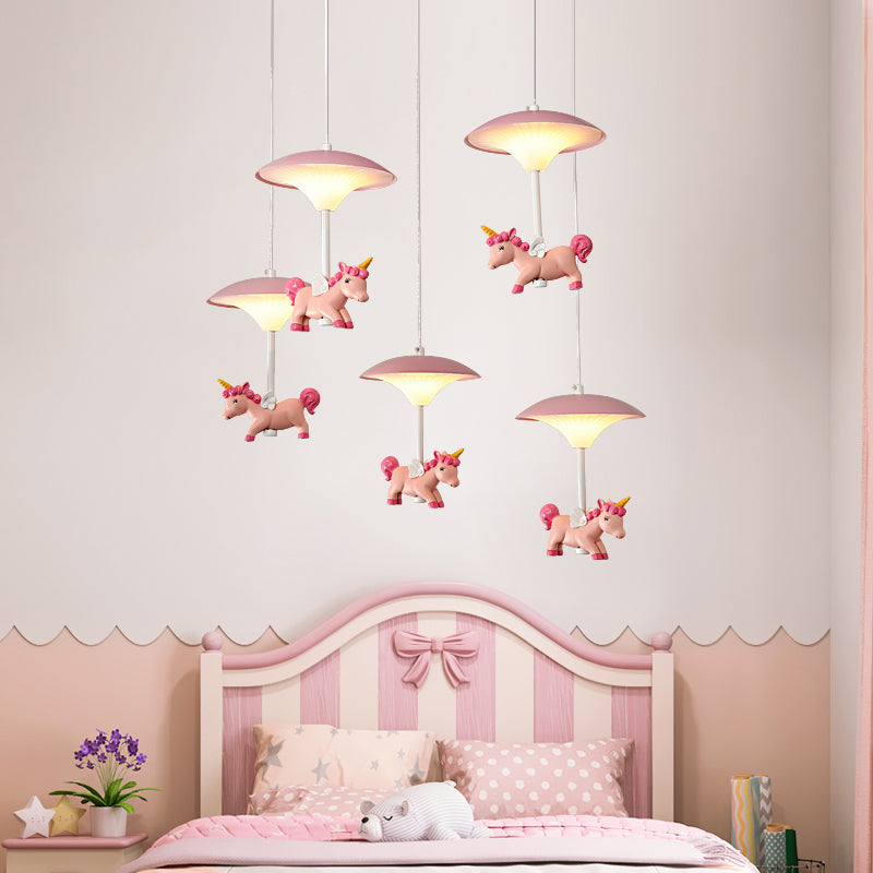 Mushroom Shade Bedroom Multi Pendant Metal LED Kid Ceiling Pendant with Unicorn Deco, Pink Clearhalo 'Ceiling Lights' 'Pendant Lights' 'Pendants' Lighting' 2030872