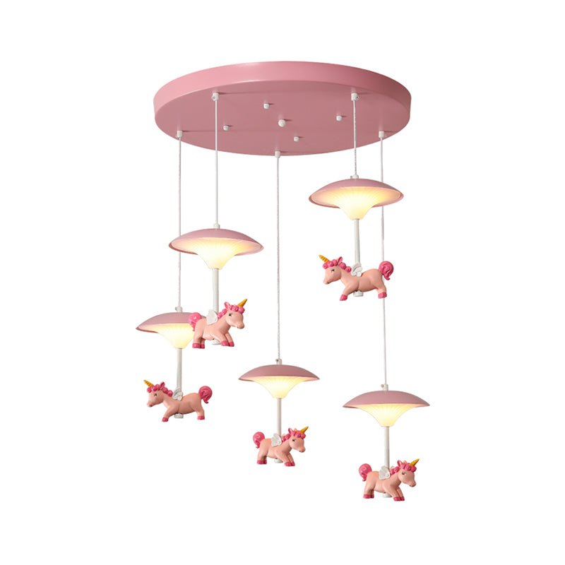 Mushroom Shade Bedroom Multi Pendant Metal LED Kid Ceiling Pendant with Unicorn Deco, Pink Clearhalo 'Ceiling Lights' 'Pendant Lights' 'Pendants' Lighting' 2030873