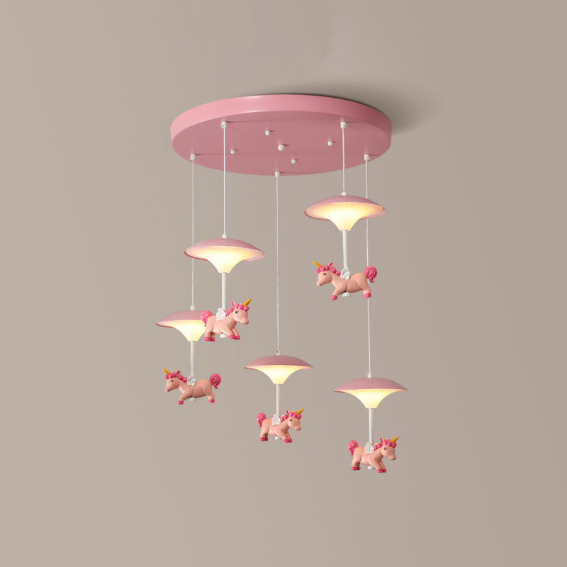 Mushroom Shade Bedroom Multi Pendant Metal LED Kid Ceiling Pendant with Unicorn Deco, Pink Clearhalo 'Ceiling Lights' 'Pendant Lights' 'Pendants' Lighting' 2030874