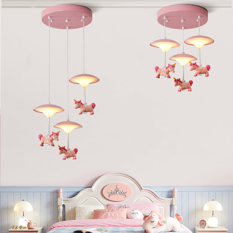 Mushroom Shade Bedroom Multi Pendant Metal LED Kid Ceiling Pendant with Unicorn Deco, Pink Clearhalo 'Ceiling Lights' 'Pendant Lights' 'Pendants' Lighting' 2030875