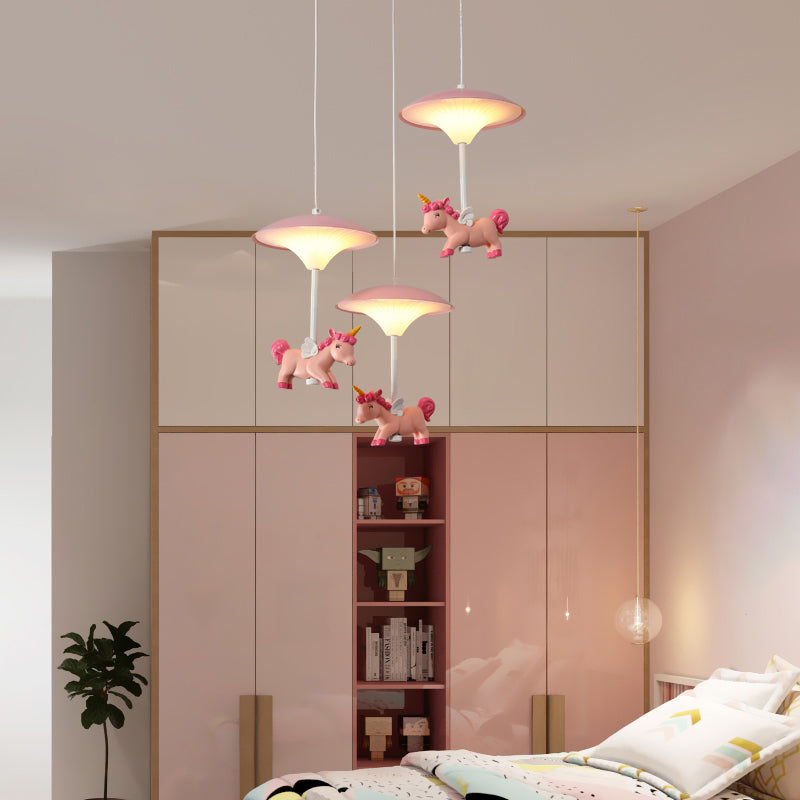 Mushroom Shade Bedroom Multi Pendant Metal LED Kid Ceiling Pendant with Unicorn Deco, Pink Clearhalo 'Ceiling Lights' 'Pendant Lights' 'Pendants' Lighting' 2030876