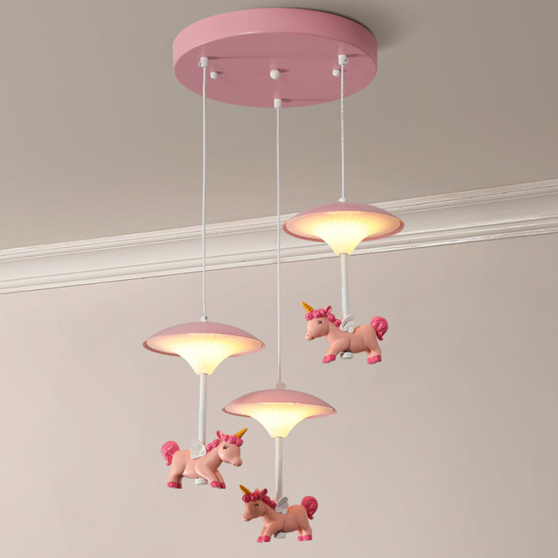 Mushroom Shade Bedroom Multi Pendant Metal LED Kid Ceiling Pendant with Unicorn Deco, Pink Clearhalo 'Ceiling Lights' 'Pendant Lights' 'Pendants' Lighting' 2030877