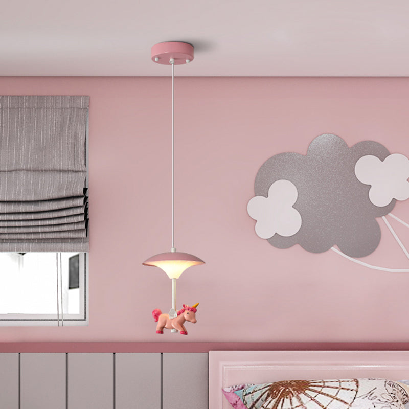 Mushroom Shade Bedroom Multi Pendant Metal LED Kid Ceiling Pendant with Unicorn Deco, Pink Clearhalo 'Ceiling Lights' 'Pendant Lights' 'Pendants' Lighting' 2030879