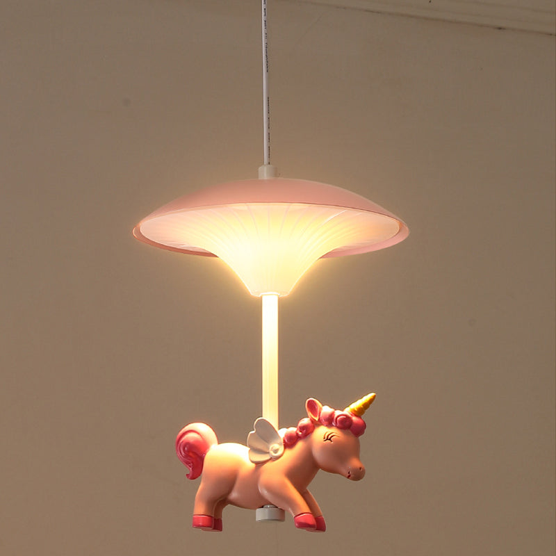 Mushroom Shade Bedroom Multi Pendant Metal LED Kid Ceiling Pendant with Unicorn Deco, Pink Clearhalo 'Ceiling Lights' 'Pendant Lights' 'Pendants' Lighting' 2030880