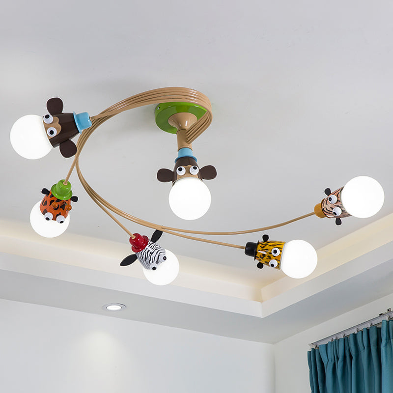 Cartoon Curved Ceiling Hang Fixture Metal Bedroom Semi Flush Mount Light in Coffee Clearhalo 'Ceiling Lights' 'Close To Ceiling Lights' 'Close to ceiling' 'Semi-flushmount' Lighting' 2030890