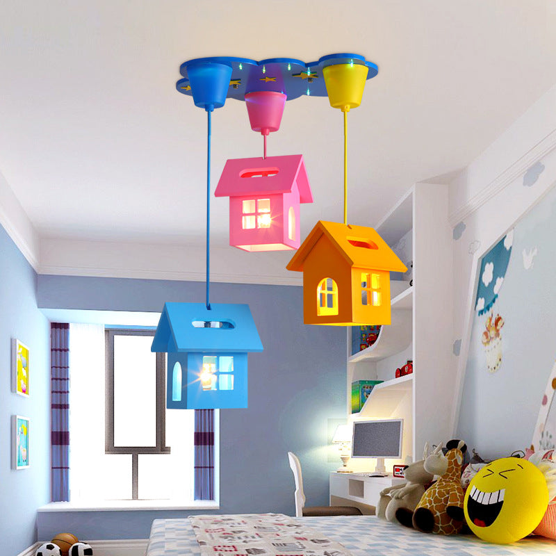 House Shaped Wood Multi Hanging Light Fixture Kid 3-Light Blue Ceiling Pendant for Bedroom Blue Clearhalo 'Ceiling Lights' 'Pendant Lights' 'Pendants' Lighting' 2030891_2904085e-dbbf-4a37-af64-6718f3a97b26