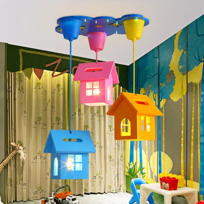 House Shaped Wood Multi Hanging Light Fixture Kid 3-Light Blue Ceiling Pendant for Bedroom Clearhalo 'Ceiling Lights' 'Pendant Lights' 'Pendants' Lighting' 2030892