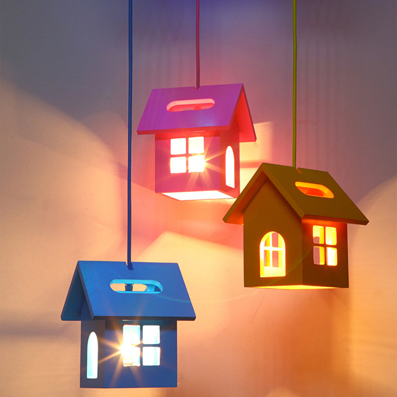 House Shaped Wood Multi Hanging Light Fixture Kid 3-Light Blue Ceiling Pendant for Bedroom Clearhalo 'Ceiling Lights' 'Pendant Lights' 'Pendants' Lighting' 2030894