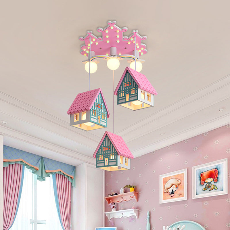 House Shaped Nursery Ceiling Lamp Wood 6 Bulbs Creative Chandelier Pendant Lighting Clearhalo 'Ceiling Lights' 'Pendant Lights' 'Pendants' Lighting' 2030897