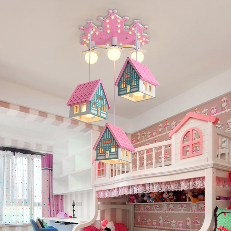 House Shaped Nursery Ceiling Lamp Wood 6 Bulbs Creative Chandelier Pendant Lighting Clearhalo 'Ceiling Lights' 'Pendant Lights' 'Pendants' Lighting' 2030898