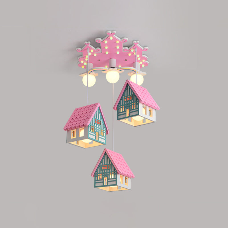 House Shaped Nursery Ceiling Lamp Wood 6 Bulbs Creative Chandelier Pendant Lighting Clearhalo 'Ceiling Lights' 'Pendant Lights' 'Pendants' Lighting' 2030899