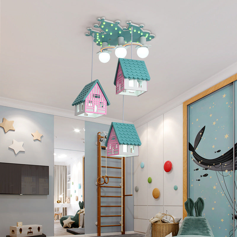 House Shaped Nursery Ceiling Lamp Wood 6 Bulbs Creative Chandelier Pendant Lighting Clearhalo 'Ceiling Lights' 'Pendant Lights' 'Pendants' Lighting' 2030900