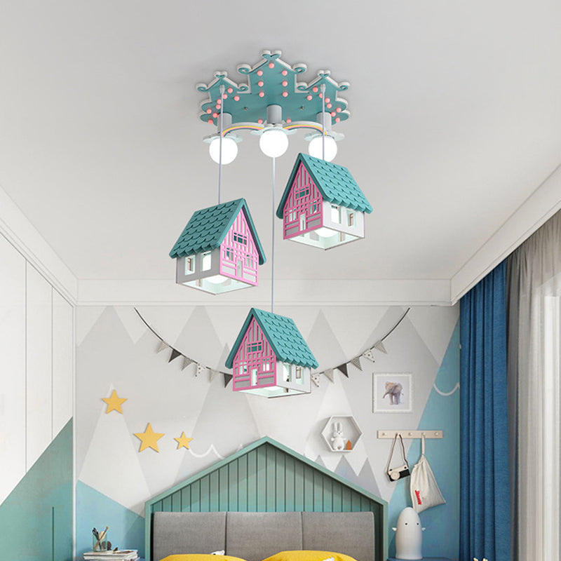 House Shaped Nursery Ceiling Lamp Wood 6 Bulbs Creative Chandelier Pendant Lighting Clearhalo 'Ceiling Lights' 'Pendant Lights' 'Pendants' Lighting' 2030902