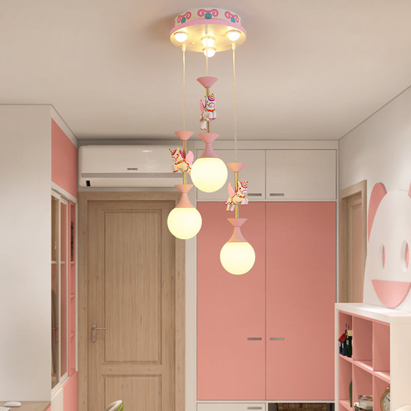 Resin Merry-Go-Round Multi Light Pendant Lighting Creative Drop Pendant with Unicorn Figurine for Bedroom 6 Pink Clearhalo 'Ceiling Lights' 'Pendant Lights' 'Pendants' Lighting' 2030918_40056801-3c6d-4da6-b52b-c2eee436c0e8