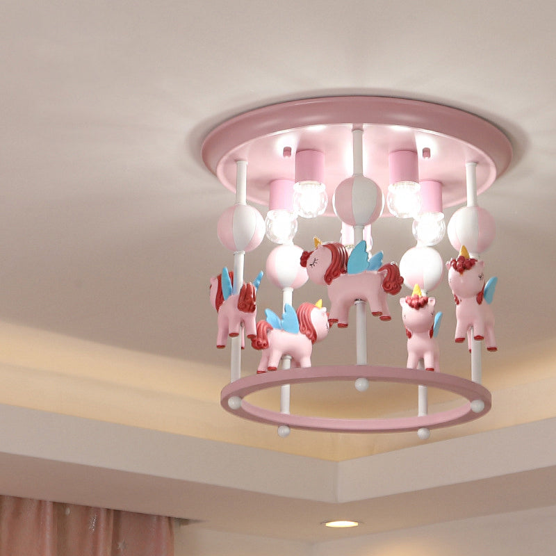 Merry-Go-Round Nursery Flush Ceiling Light Resin 6 Heads Kid Semi Flush Mount Light Fixture Clearhalo 'Ceiling Lights' 'Close To Ceiling Lights' 'Close to ceiling' 'Flush mount' Lighting' 2030974