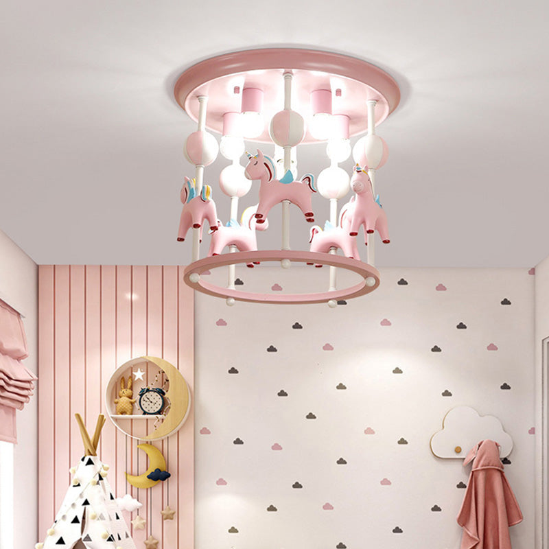 Merry-Go-Round Nursery Flush Ceiling Light Resin 6 Heads Kid Semi Flush Mount Light Fixture Pink B Clearhalo 'Ceiling Lights' 'Close To Ceiling Lights' 'Close to ceiling' 'Flush mount' Lighting' 2030975