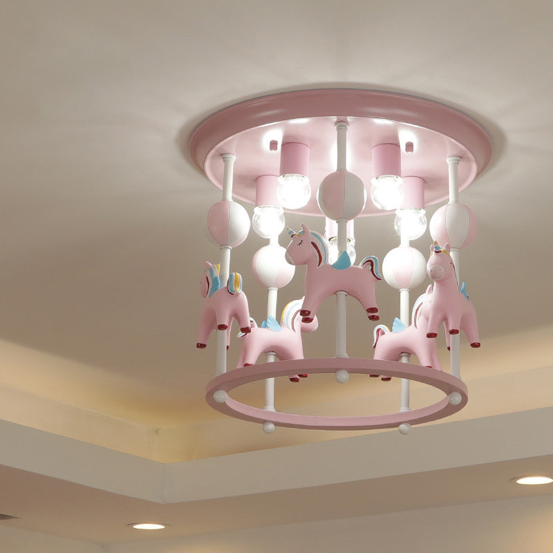 Merry-Go-Round Nursery Flush Ceiling Light Resin 6 Heads Kid Semi Flush Mount Light Fixture Clearhalo 'Ceiling Lights' 'Close To Ceiling Lights' 'Close to ceiling' 'Flush mount' Lighting' 2030977