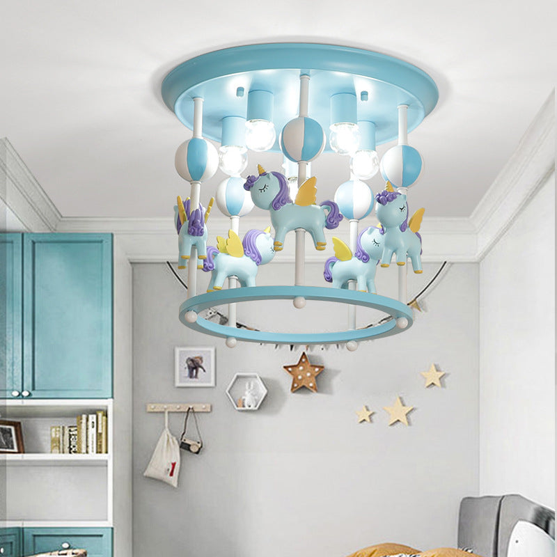 Merry-Go-Round Nursery Flush Ceiling Light Resin 6 Heads Kid Semi Flush Mount Light Fixture Blue A Clearhalo 'Ceiling Lights' 'Close To Ceiling Lights' 'Close to ceiling' 'Flush mount' Lighting' 2030978