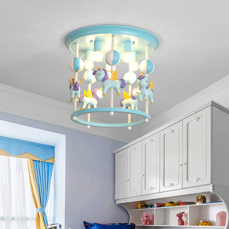 Merry-Go-Round Nursery Flush Ceiling Light Resin 6 Heads Kid Semi Flush Mount Light Fixture Clearhalo 'Ceiling Lights' 'Close To Ceiling Lights' 'Close to ceiling' 'Flush mount' Lighting' 2030979