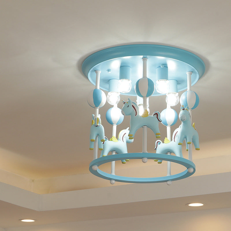 Merry-Go-Round Nursery Flush Ceiling Light Resin 6 Heads Kid Semi Flush Mount Light Fixture Clearhalo 'Ceiling Lights' 'Close To Ceiling Lights' 'Close to ceiling' 'Flush mount' Lighting' 2030982