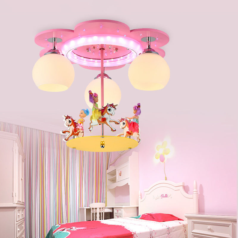 Pink Globe Flush Mount Fixture Creative 3 Bulbs Opal Glass Semi Flush Mount Ceiling Light with Merry-Go-Round Figurine Pink Clearhalo 'Ceiling Lights' 'Close To Ceiling Lights' 'Close to ceiling' 'Flush mount' Lighting' 2030983