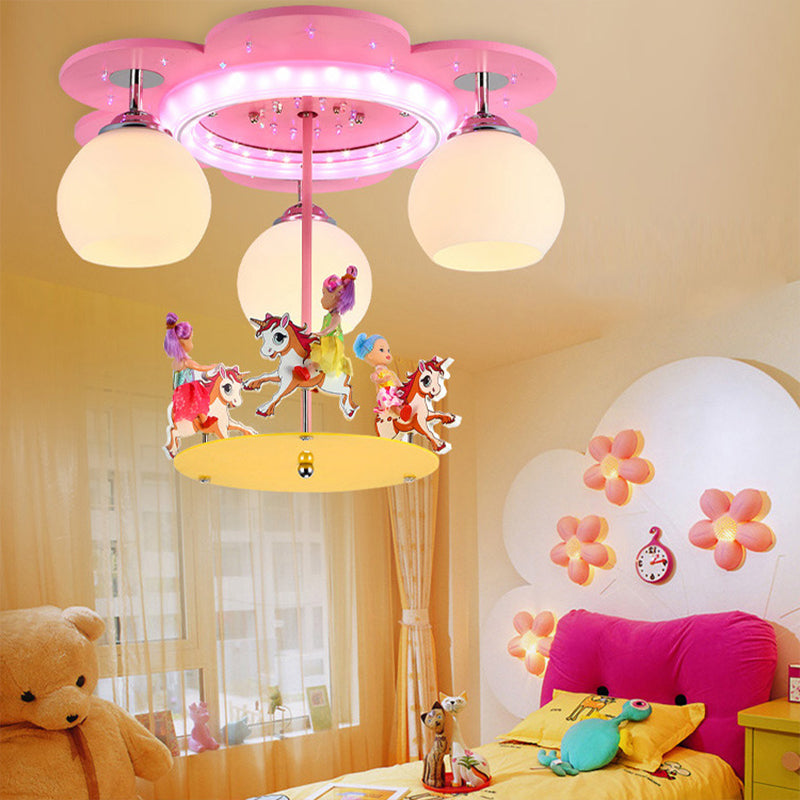 Pink Globe Flush Mount Fixture Creative 3 Bulbs Opal Glass Semi Flush Mount Ceiling Light with Merry-Go-Round Figurine Clearhalo 'Ceiling Lights' 'Close To Ceiling Lights' 'Close to ceiling' 'Flush mount' Lighting' 2030984