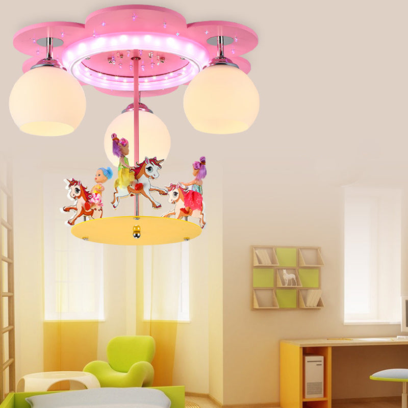 Pink Globe Flush Mount Fixture Creative 3 Bulbs Opal Glass Semi Flush Mount Ceiling Light with Merry-Go-Round Figurine Clearhalo 'Ceiling Lights' 'Close To Ceiling Lights' 'Close to ceiling' 'Flush mount' Lighting' 2030985