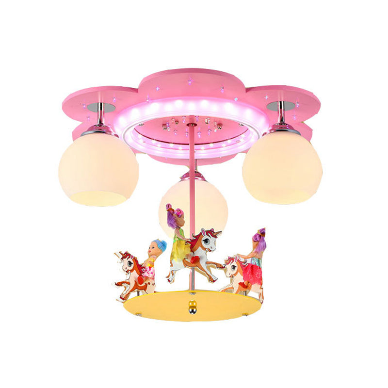 Pink Globe Flush Mount Fixture Creative 3 Bulbs Opal Glass Semi Flush Mount Ceiling Light with Merry-Go-Round Figurine Clearhalo 'Ceiling Lights' 'Close To Ceiling Lights' 'Close to ceiling' 'Flush mount' Lighting' 2030987