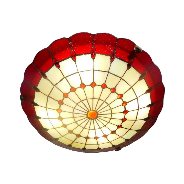 Bedroom Ceiling Light Tiffany Style 12"/16"/19.5" W Dome Shade Flush Mount Light with Jewel Decoration in Red Red 19.5" Clearhalo 'Ceiling Lights' 'Close To Ceiling Lights' 'Close to ceiling' 'Flush mount' Lighting' 20310