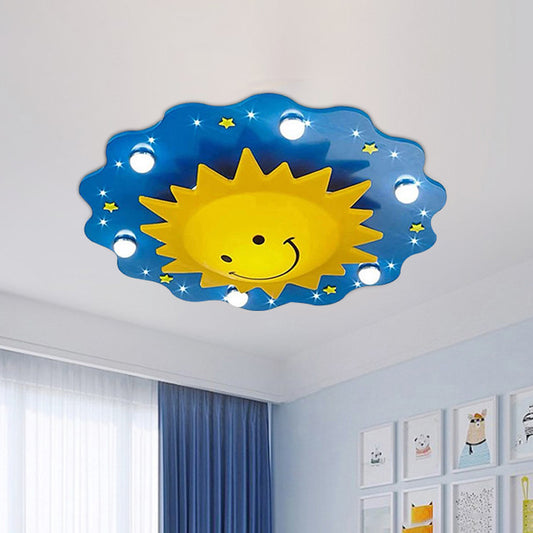 Blue Sun Flush Mount Lamp Cartoon 7 Heads Wood Flushmount Ceiling Fixture for Nursery Blue Clearhalo 'Ceiling Lights' 'Close To Ceiling Lights' 'Close to ceiling' 'Flush mount' Lighting' 2031011