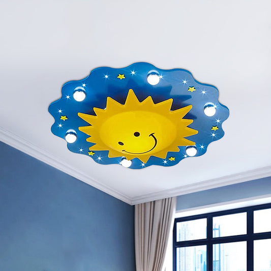 Blue Sun Flush Mount Lamp Cartoon 7 Heads Wood Flushmount Ceiling Fixture for Nursery Clearhalo 'Ceiling Lights' 'Close To Ceiling Lights' 'Close to ceiling' 'Flush mount' Lighting' 2031013