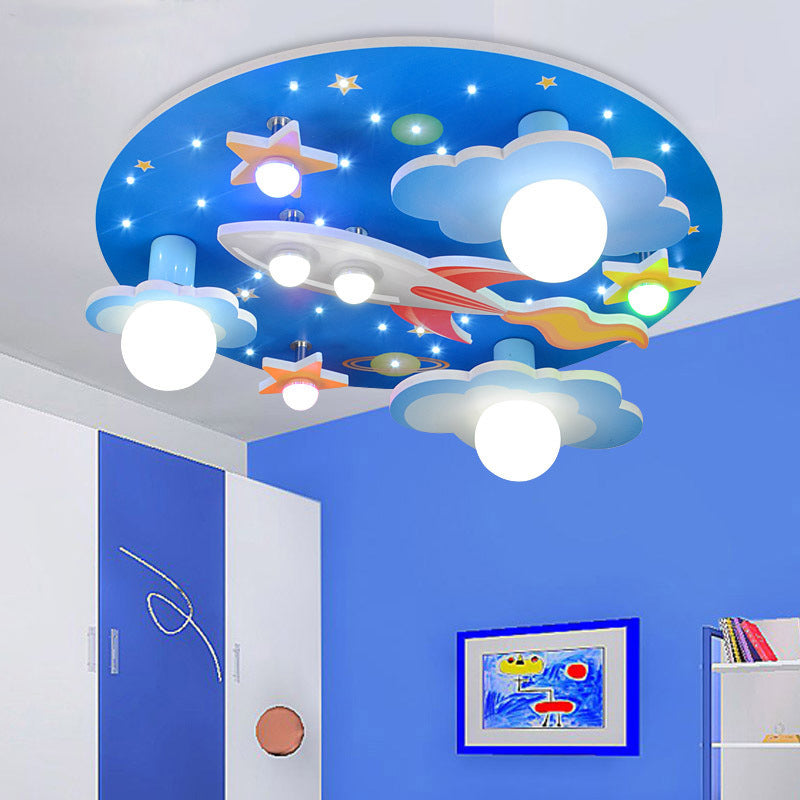 Cloud and Star Wood Flush Mount Lighting Creative 8 Heads Blue Flush Mount Lamp for Bedroom Clearhalo 'Ceiling Lights' 'Close To Ceiling Lights' 'Close to ceiling' 'Flush mount' Lighting' 2031037